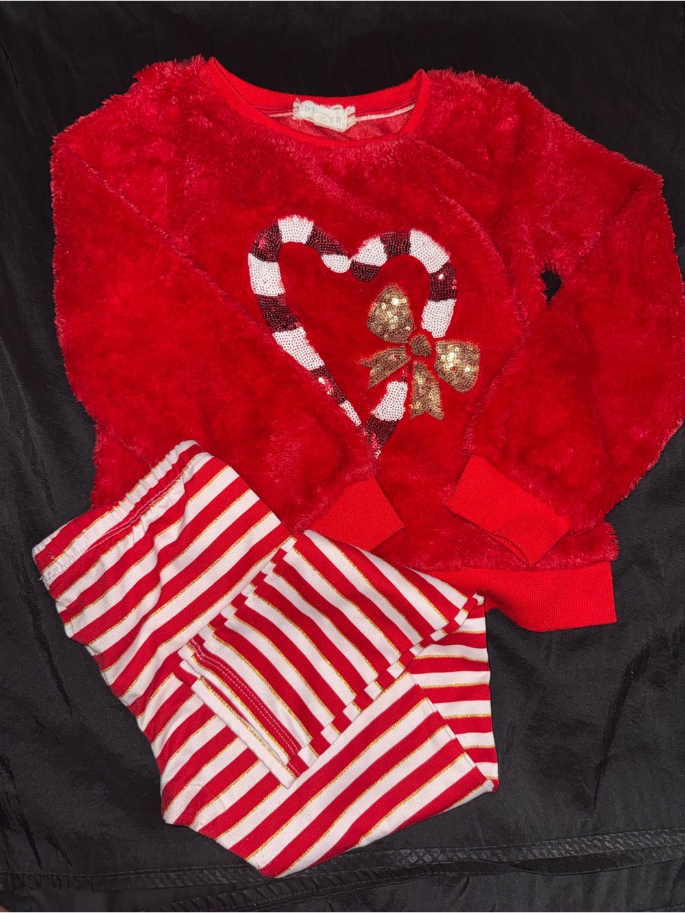 Girls' Red Heart Plush Pajama Set with Striped Pants
